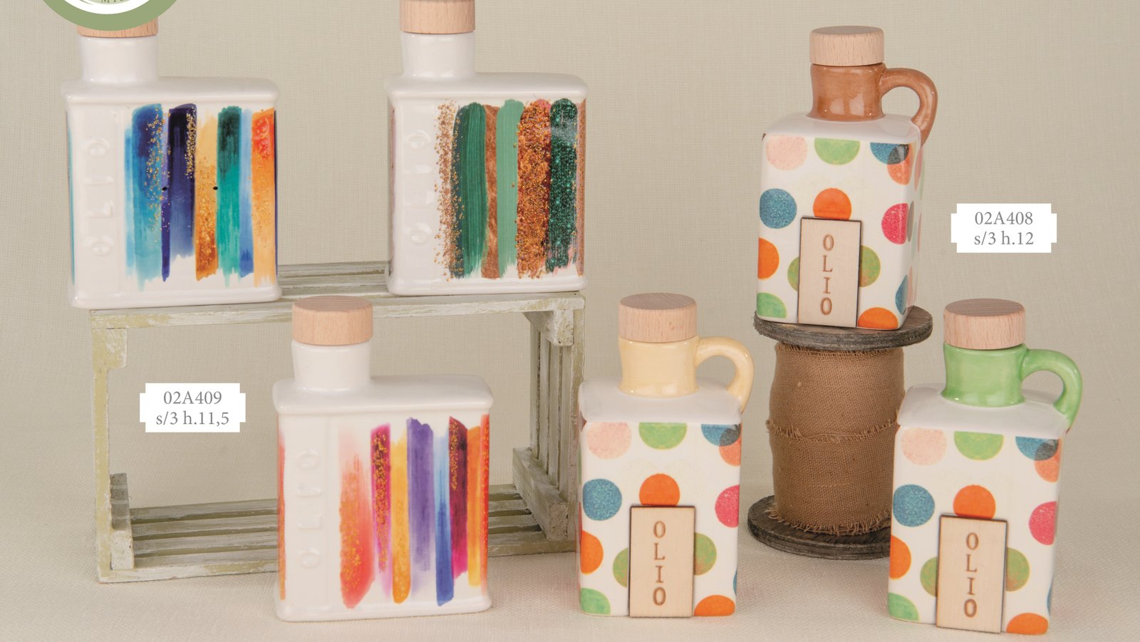 Oliera Colore Pois e Righe 3 Assortiti Bomboniera h.11.5-12 cm 02A408-02A409, ideale per Matrimonio allegro.