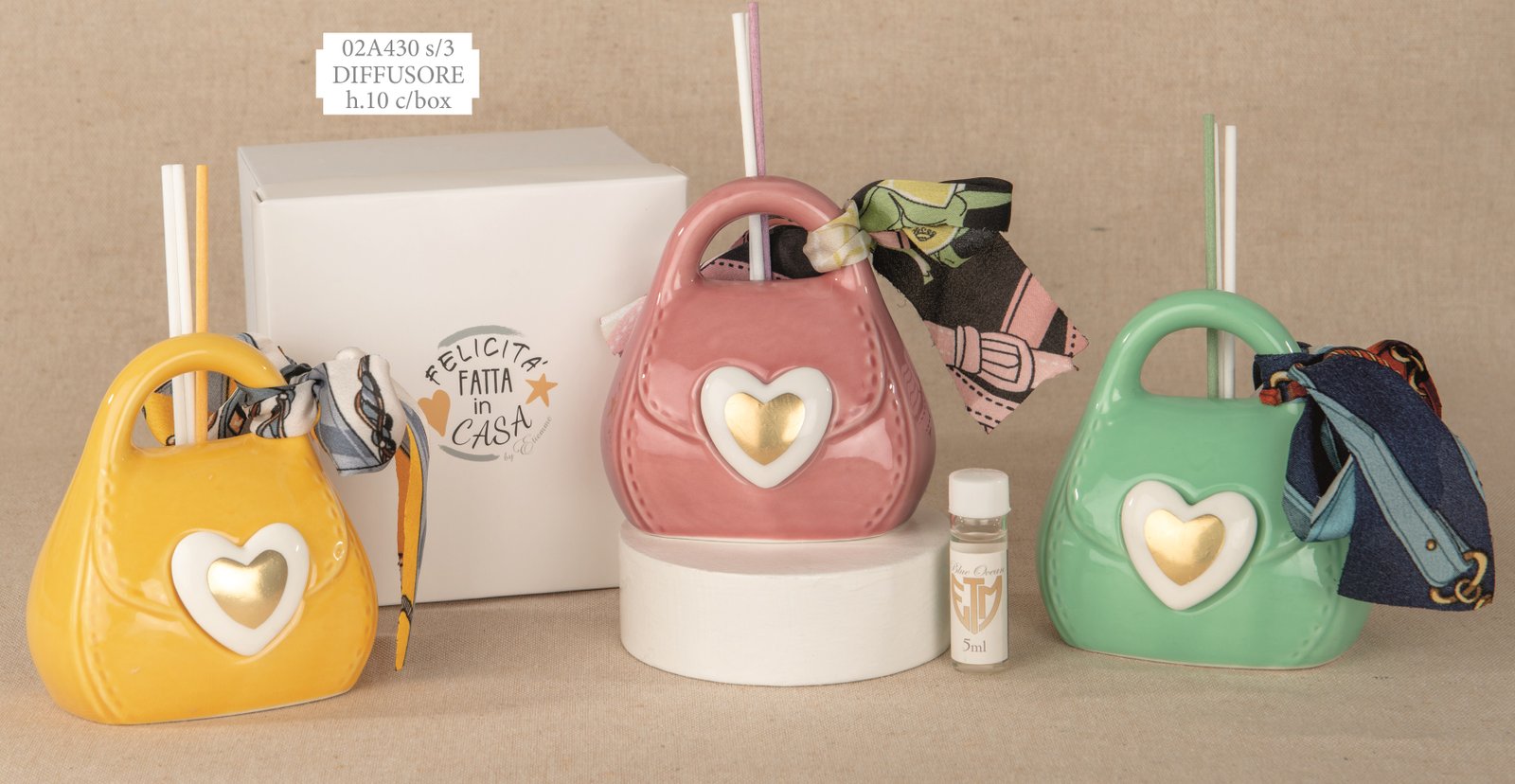 Borsetta Diffusore Set 3 Pezzi Bomboniera h.10 cm con Box 02A430, ideale per Matrimonio elegante.