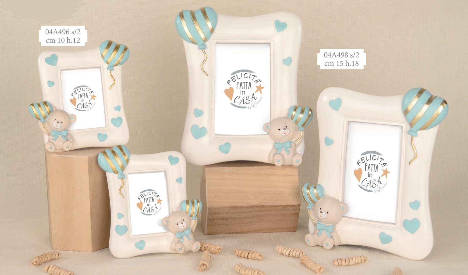 Pupo Orso Portafoto Cielo cm.10-15 h.12-18 Bomboniera 04A496-04A498, ideale per Battesimo maschietto.
