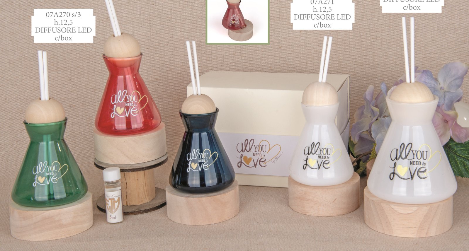 Lagun Diffusore LED Color e Bianco Bomboniera h.12,5-13,5 cm 3 ass. 07A270-07A272, ideale per Matrimonio sereno.