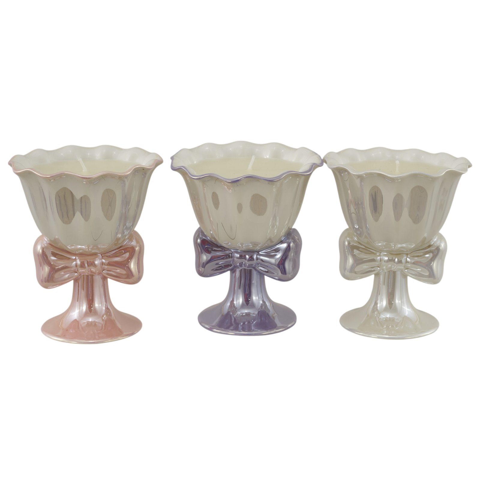 Bomboniera Candela a Coppa Lustro con Fiocco 11x12 cm, in 3 colori assortiti. Codice 1171034.