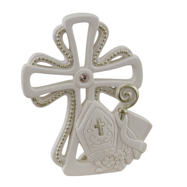 Bomboniera Croce Cresima in materiale di qualità per la Cresima, codice 1255275. Disponibile nei colori bianco e oro - Bomboniere Cupido Trapani.