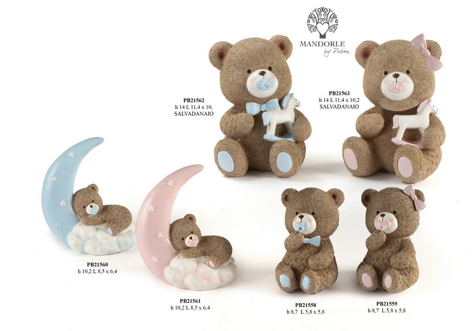 Bomboniera Orsetto seduto con ciuccio 8.7 cm., 14 cm. in resina per battesimo e nascita, codice 21558, 21559, 21562, 21563. Disponibile nei colori celeste e rosa e nelle versioni statuina e salvadanaio - Bomboniere Cupido Trapani.