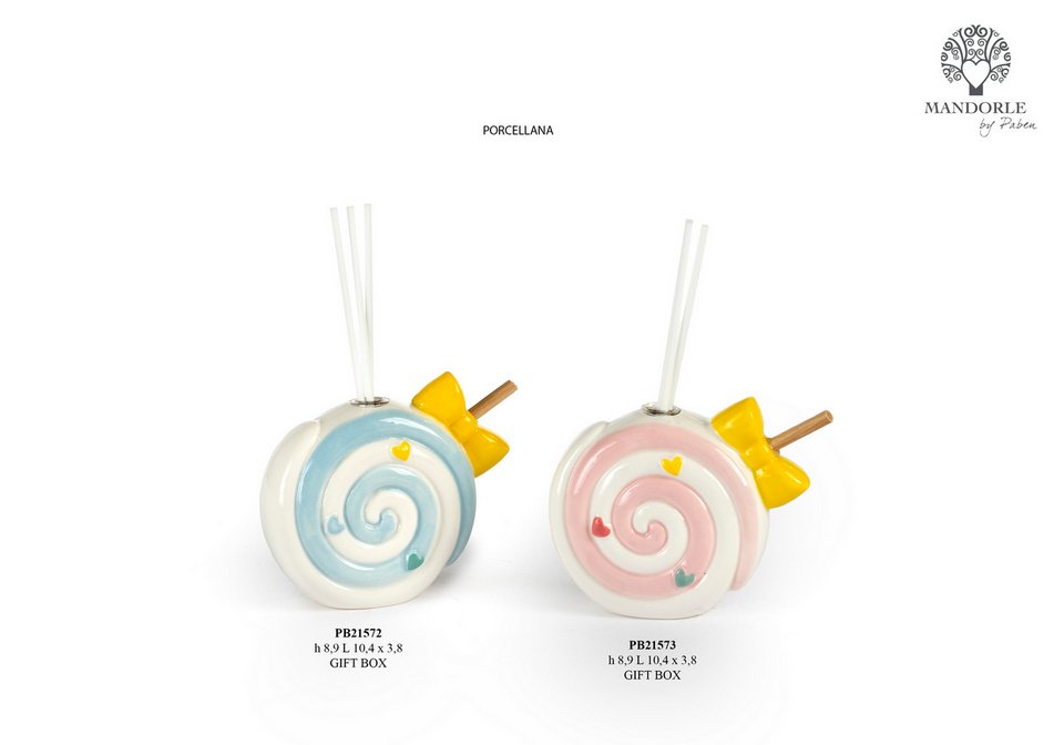 Bomboniera Diffondi Profumo a forma di Lecca Lecca 8.9 cm. in porcellana per eventi, codice 21572, 21573. Disponibile nei colori celeste e rosa, con gift box inclusa - Bomboniere Cupido Trapani.