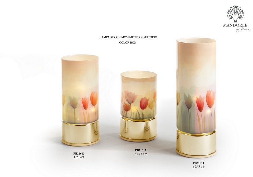 Bomboniera Lampada Cilindrica con Tulipani 15.5 cm., 20 cm., 25.5 cm. in vetro e plastica per eventi, codice 21612, 21613, 21614. Disponibile in diverse misure, con gift box inclusa - Bomboniere Cupido Trapani.