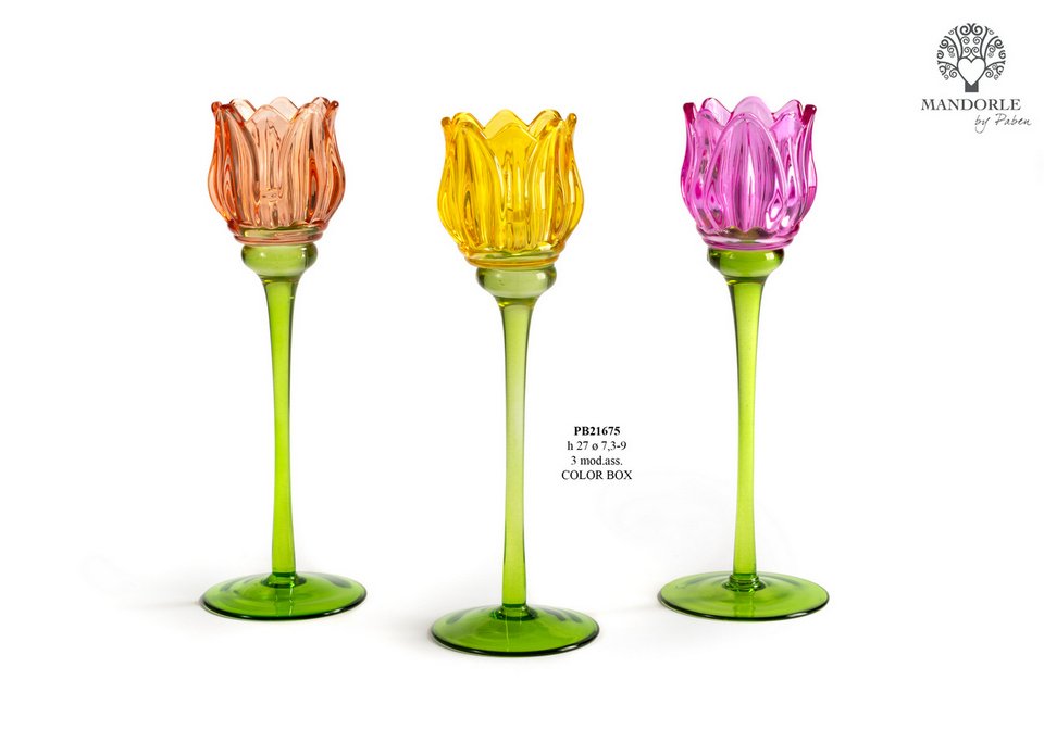 Bomboniera Portacandela a forma di Tulipano 27 cm. in vetro bicolore per eventi, codice 21675. Disponibile in vari colori assortiti, con gift box inclusa - Bomboniere Cupido Trapani.