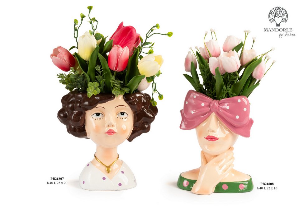 Bomboniera Statuina Mezzobusto con Vaso di Tulipani 40 cm. in resina e plastica per eventi, codice 21807, 21808. Disponibile nei design ragazza e donna - Bomboniere Cupido Trapani.