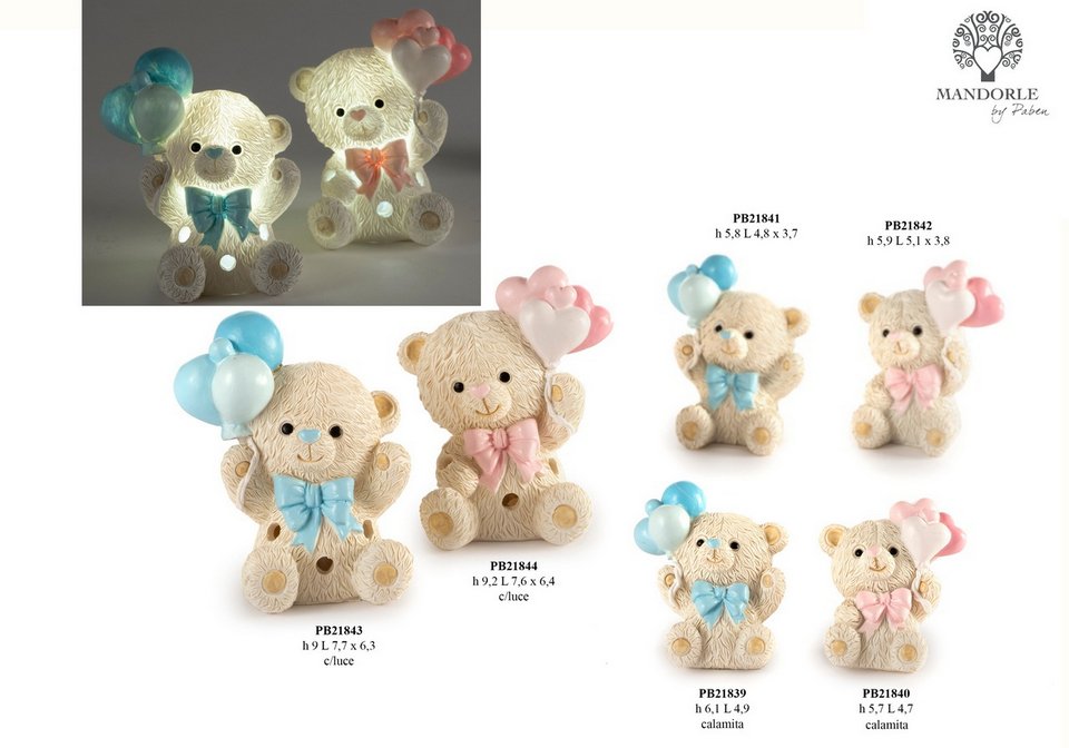Bomboniera Orsetto con Palloncini in resina per eventi, codice 21839-21844. Disponibile in vari colori e funzioni: calamita, statuina e con luce - Bomboniere Cupido Trapani.