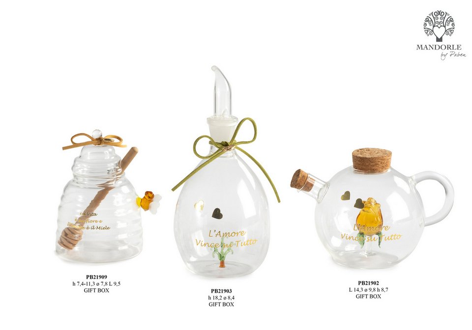 Bomboniera Oliera con Albero all'Interno 18,2 cm in Vetro per Matrimonio/Eventi, codice 21903. Fornita con scatola regalo.