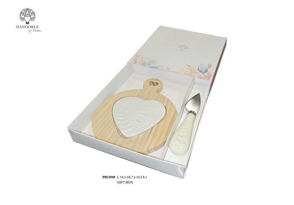 Bomboniera Set Tagliere e Coltellino con decorazione Foglie 18,7 cm, in Legno Porcellana Metallo. Codice 21960. Fornito con scatola regalo (G.BOX).