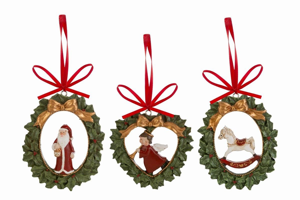 Appendino soggetto natalizio 3 assortiti (cod. 38513), dimensioni 7x1x9 cm, decorazione festiva pratica per celebrazioni, curata da Bomboniere Cupido Trapani.