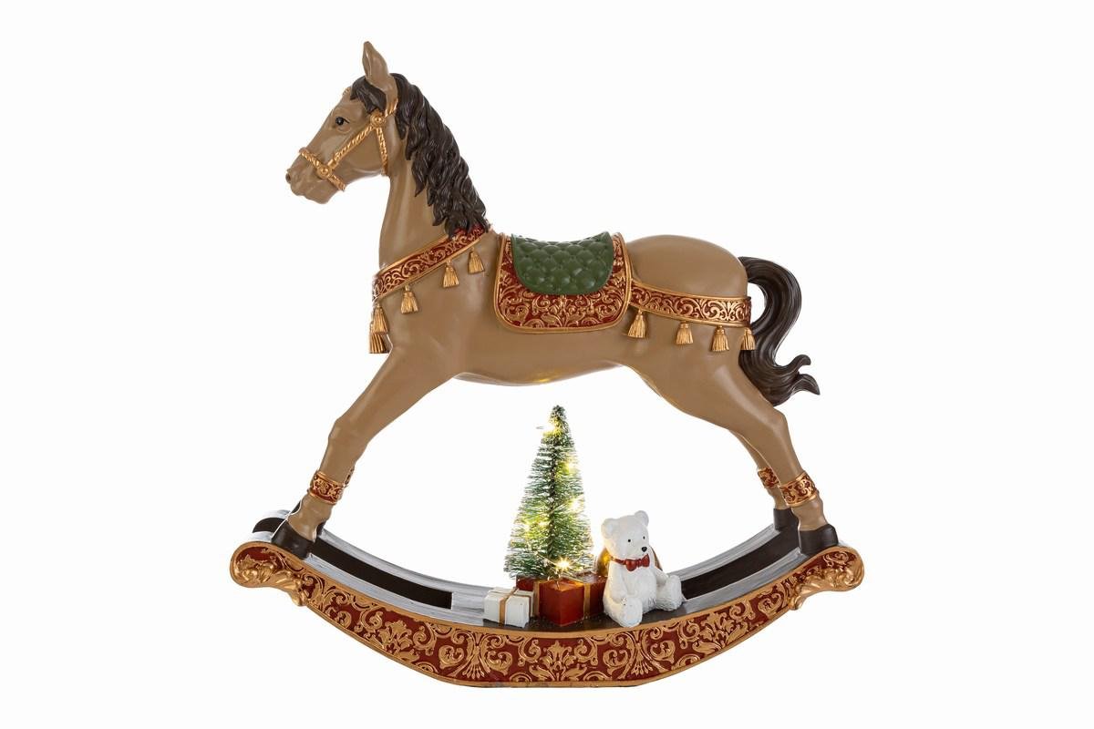 Cavalluccio natalizio LED in resina beige (cod. 38520), dimensioni 29,5x7x29,5 cm, decorazione festiva luminosa per celebrazioni, curata da Bomboniere Cupido Trapani.