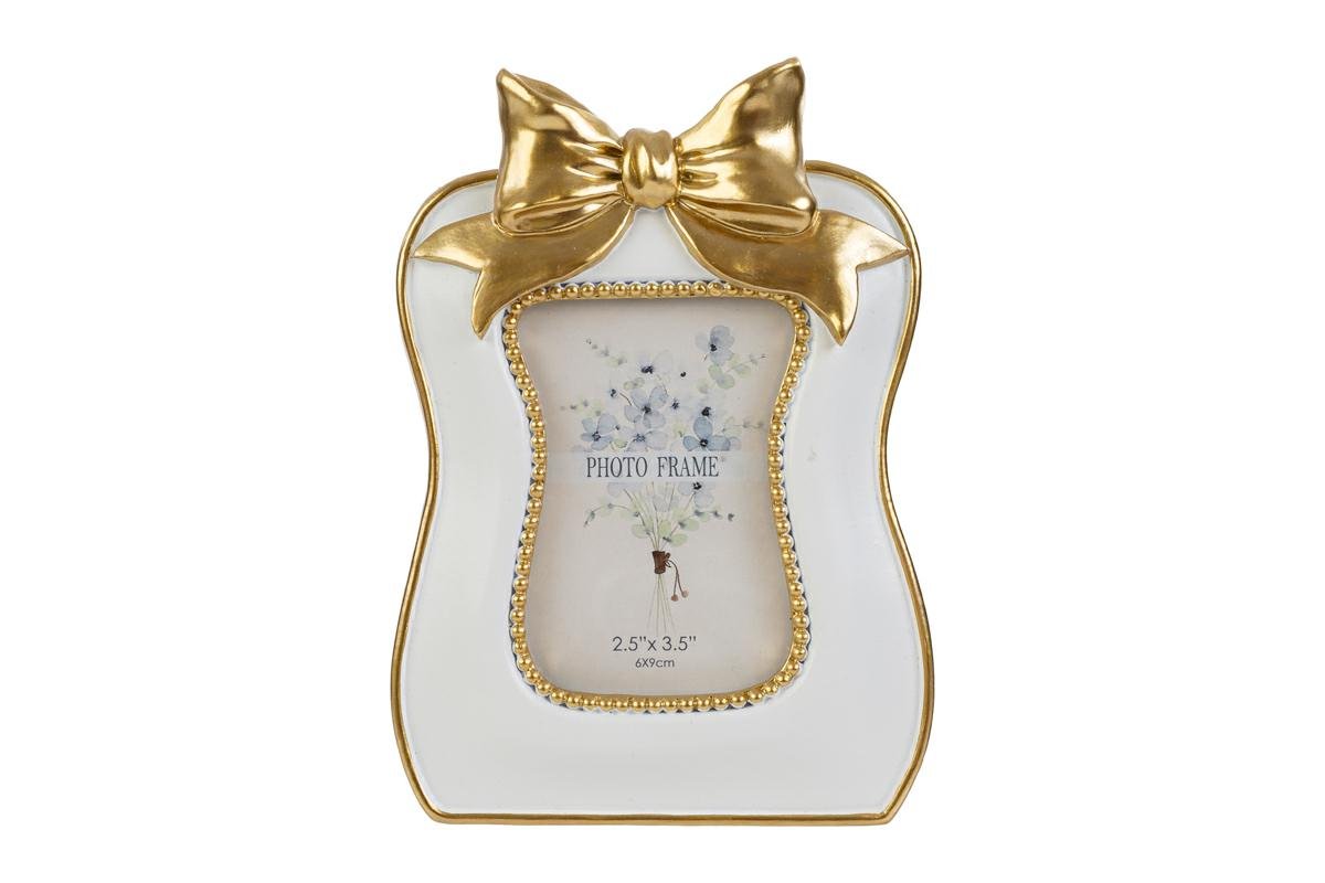 Portafoto Resina Fiocco Gold 6×8 con Shopper Bomboniera 58035, ideale per Matrimonio raffinato.