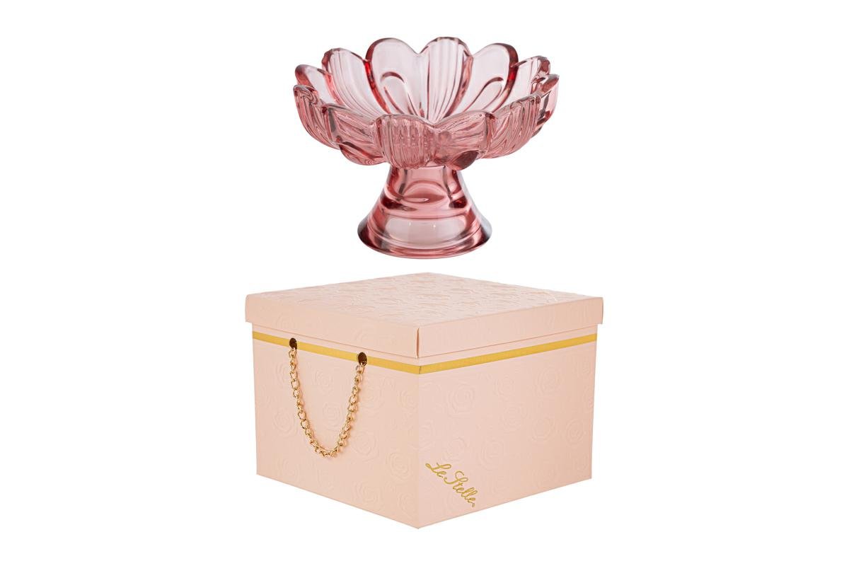 Fiore Alzatina Vetro Ciliegia Bomboniera 14×14×h.9,5 cm con Box-Rose 189106 58052, ideale per Matrimonio shabby.