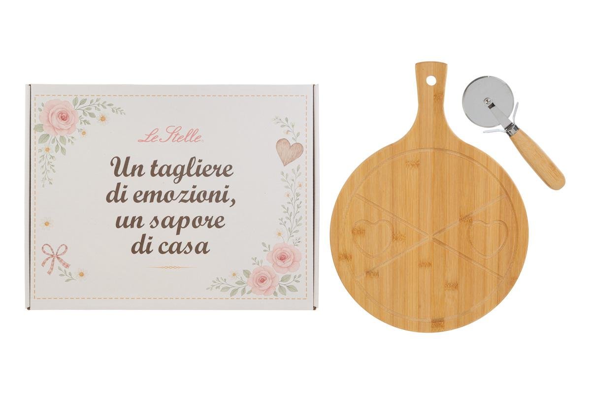 Set Tagliere Legno + Tagliapizza Bomboniera 40×30 cm con Color Box 58101, ideale per Matrimonio pizza lover.
