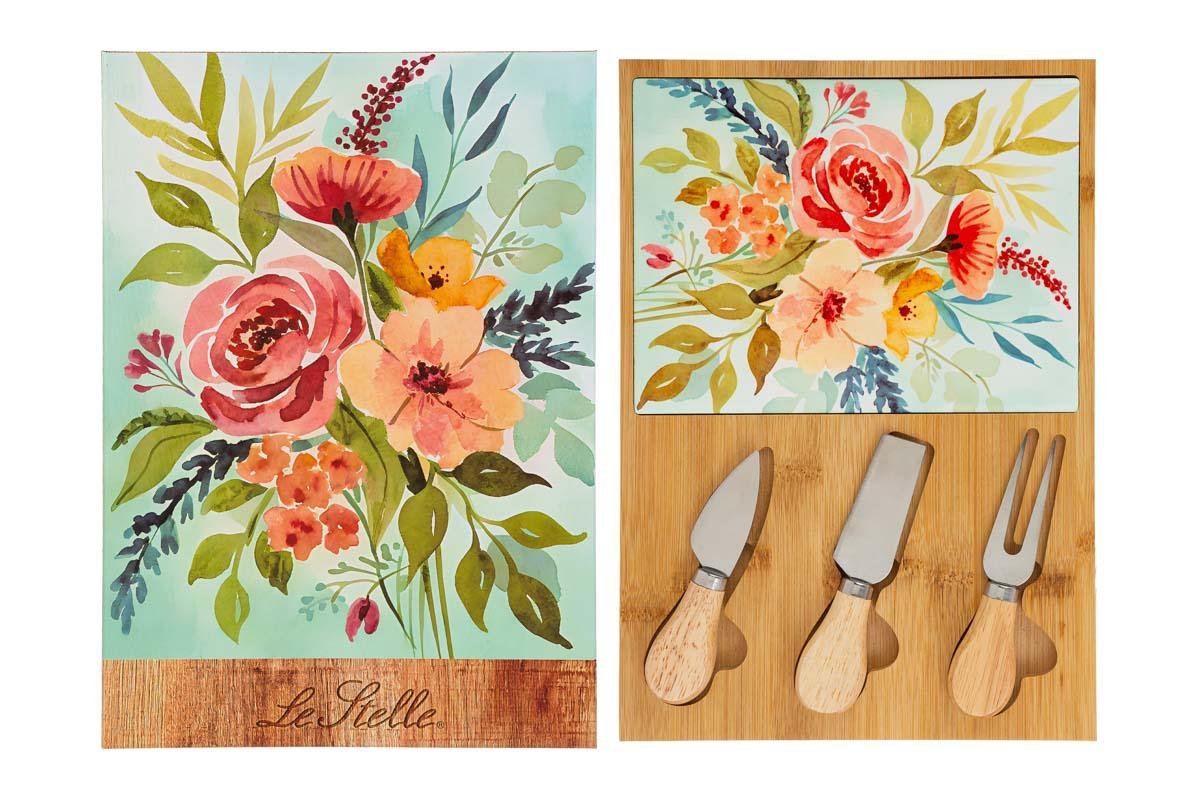 Set 4 Pezzi Tagliere Legno + Posate Formaggio Bomboniera 30×21,5 cm con Color Box 58104, ideale per Matrimonio goloso.