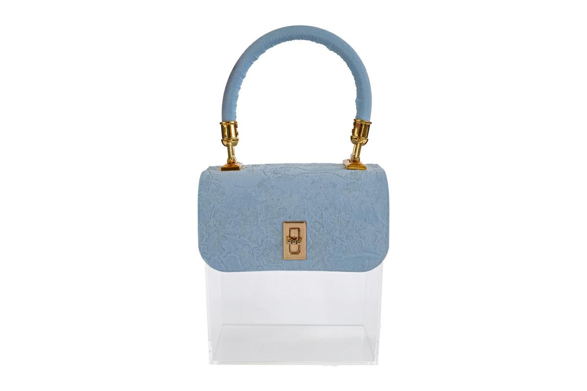 Scatola Borsa Plexy Celeste Flowers Bomboniera 16×10×18 cm 58230, ideale per Matrimonio boho.