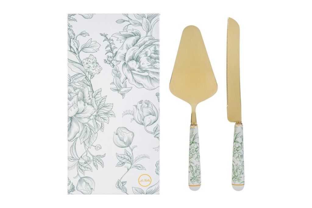 Set 2 Pezzi Taglia Torta Dec. Verde Bomboniera 28 cm con Astuccio 58251, ideale per Matrimonio raffinato.