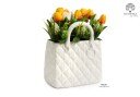 Bomboniera Vaso a forma di Borsetta con Tulipani 37 cm. in ceramica e plastica per eventi, codice 21811. Disponibile nel colore bianco - Bomboniere Cupido Trapani.